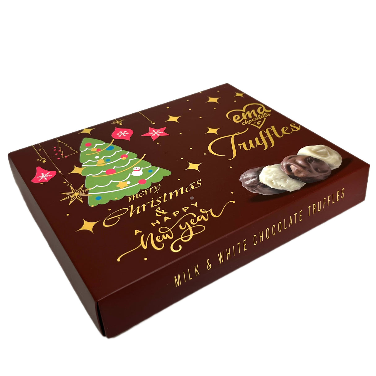 Ema chocolademelk en witte chocolade truffels met hazelnootcrème gevuld - Vrolijk kerstfeest doos - 250g