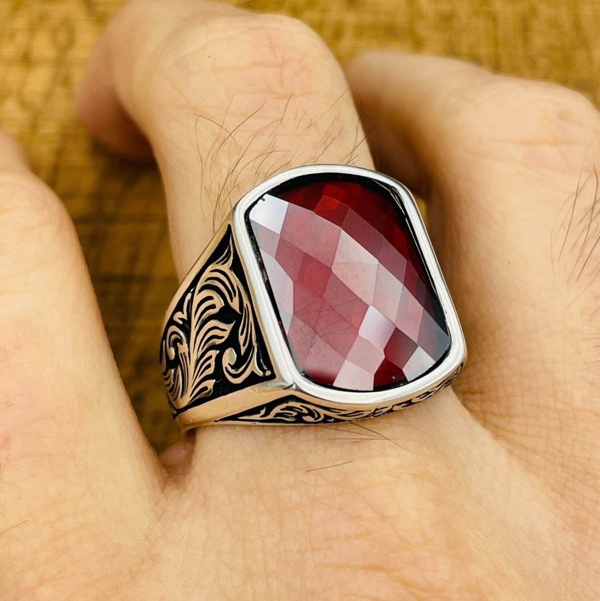 Men's Red Zircon Stone Silver Ring - TryAladdin