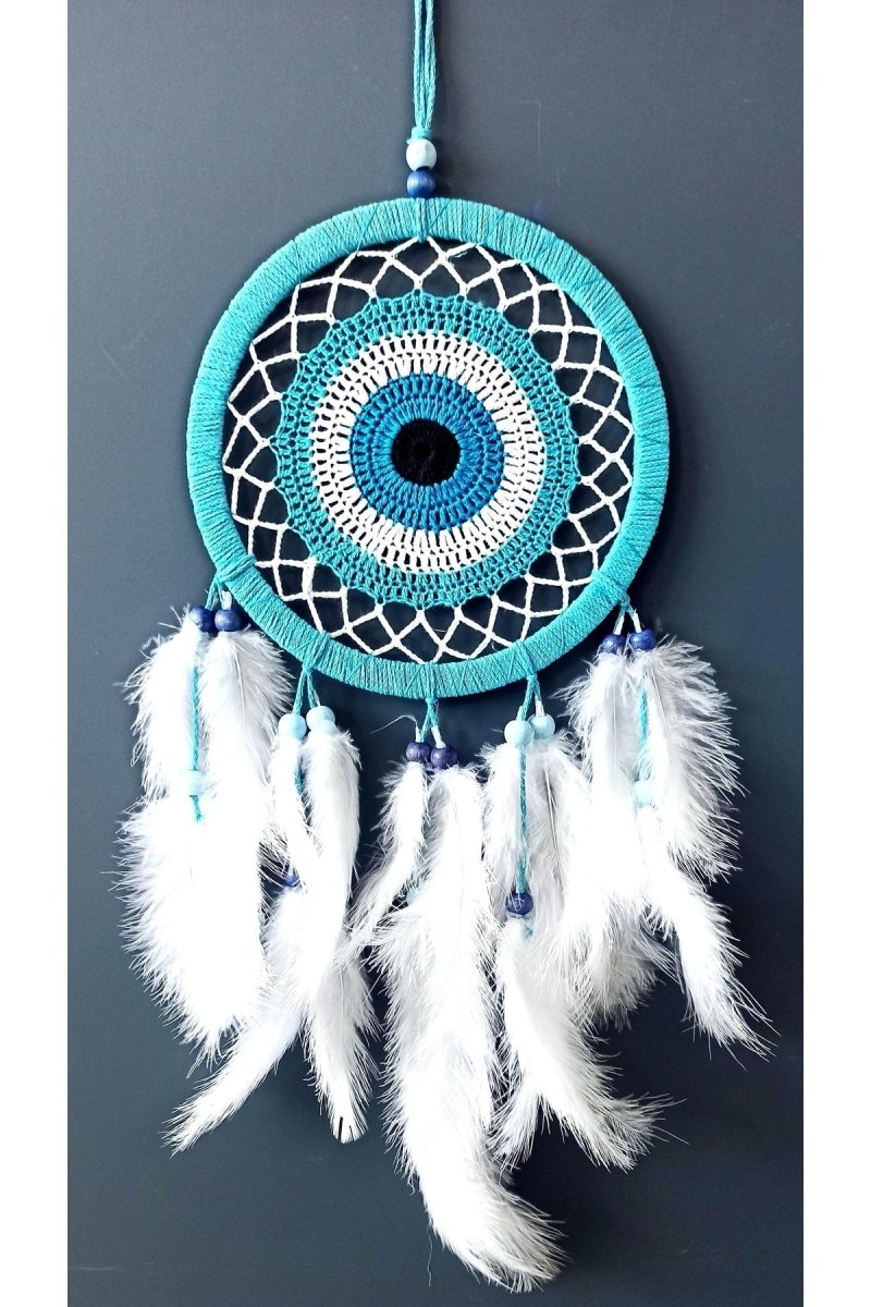 Nazar Bead Motived Turquoise Color Dream Catcher White Bird Furry Dream Wall Ornament - TryAladdin